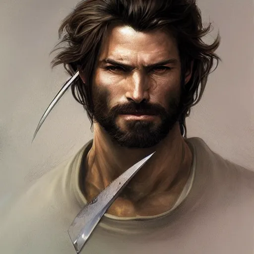 Prompt: portrait of a young, ruggedly handsome swordsman, soft hair, muscular, half body, leather, hairy, d & d, fantasy, intricate, elegant, highly detailed, digital painting, artstation, concept art, smooth, sharp focus, illustration, art by artgerm and greg rutkowski and alphonse mucha