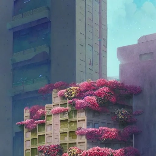 Image similar to a painting of a building surrounded by flowers, a watercolor and matte painting by Beeple and RHADS and maxfield parrish, cgsociety, brutalism, dystopian art, sci-fi, artstation hq