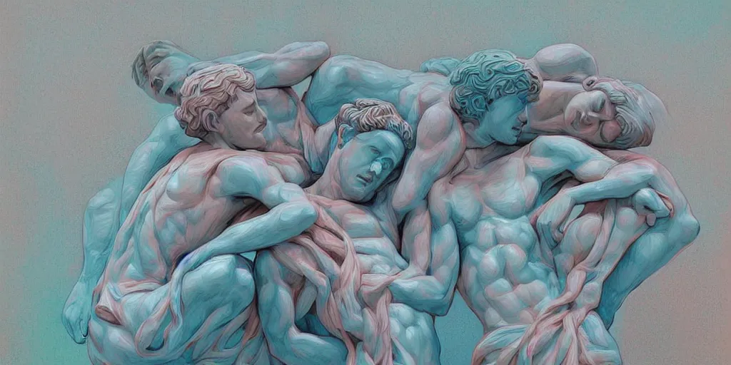 Image similar to greek sculpture of intertwined bodies painted by james jean in pastel colors, redshift, octane