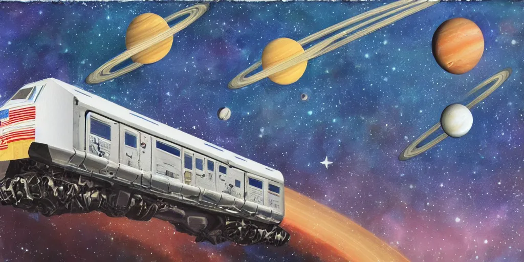 Prompt: a mixed media portrait painting of a space train traveling between the stars, with the rings of saturn in the distant background