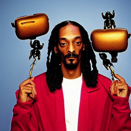 Image similar to Snoop Dogg holding two robots for a 1990s sitcom tv show, Studio Photograph, portrait, C 12.0