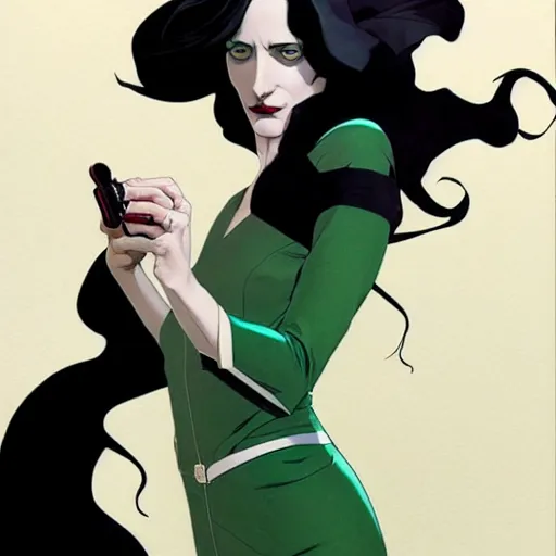 Image similar to Joshua Middleton comic art, wide shot, stunning elegant female Eva Green, spy, kabuki mask, beautiful evil sneer, symmetrical face, symmetrical eyes, leather clothing and boots, long straight green black hair, full body, Midnight pattern