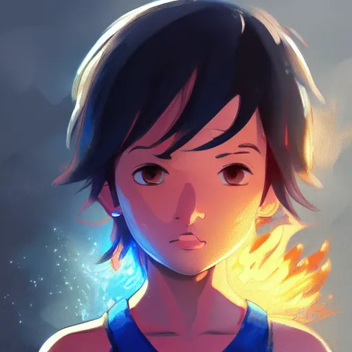 Image similar to a child with dark grey skin, blue eyes and short brown hair holding fire, highly detailed, digital painting, artstation, matte, by makoto shinkai, animation style