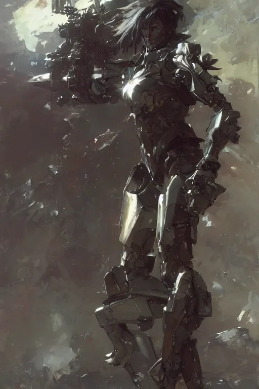 Image similar to full body girl metal armor dynamic poses painting by gaston bussiere, greg rutkowski, yoji shinkawa, tsutomu nihei