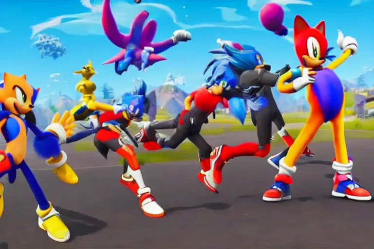 Image similar to sonic dancing in fortnite, gameplay