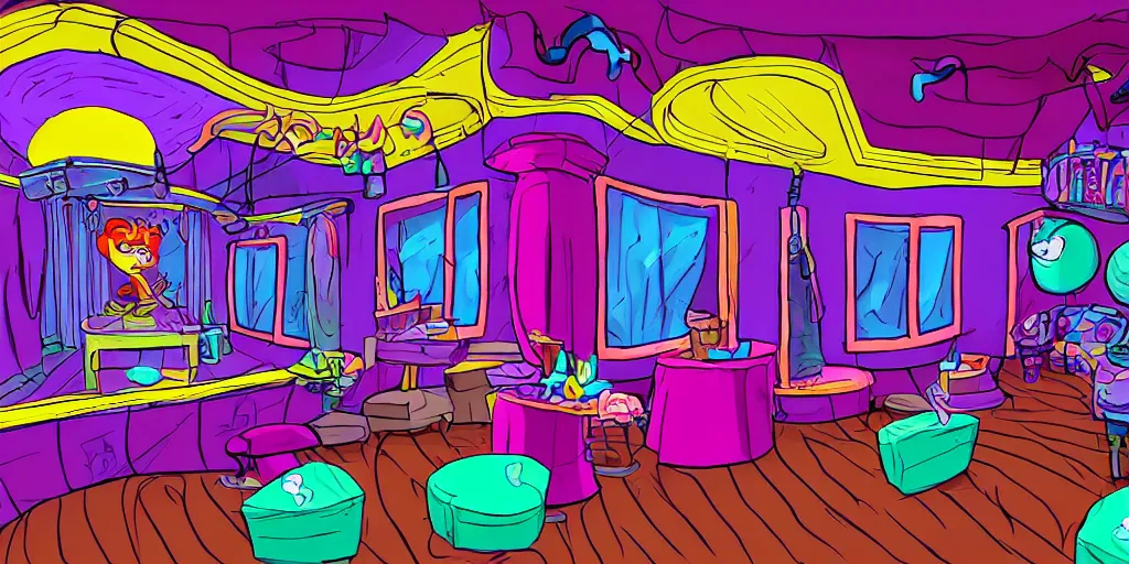 Image similar to a dimly lit, colorful, theater dressing room, made of candy, day of the tentacle style, drawn by Peter Chan