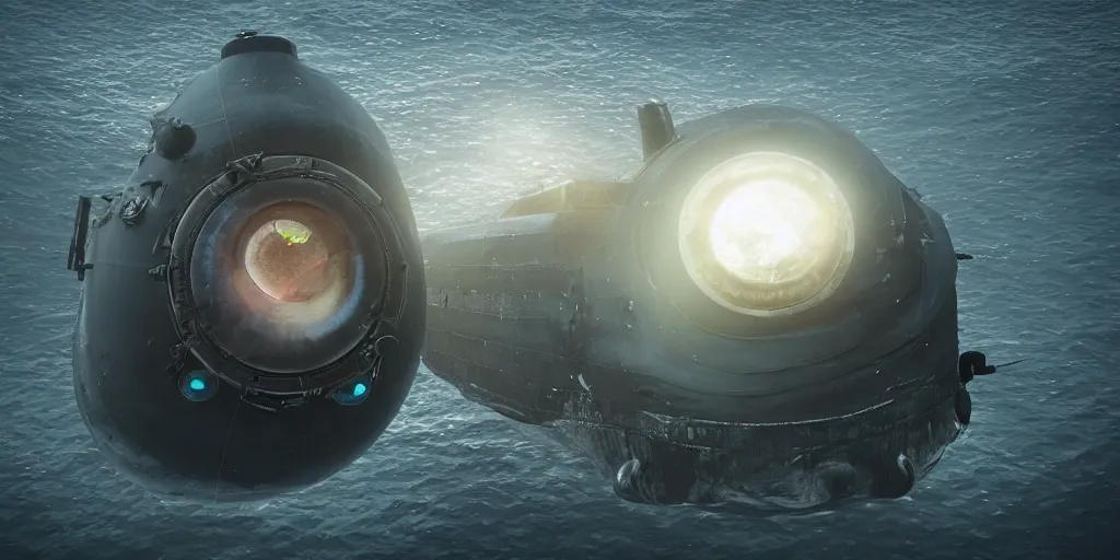 Image similar to highly detailed a submarine that slowly disappears underwater while a huge eye looks at it from above, this eye looks like a monster and lights up, 4 k, photorealistic, unreal 5