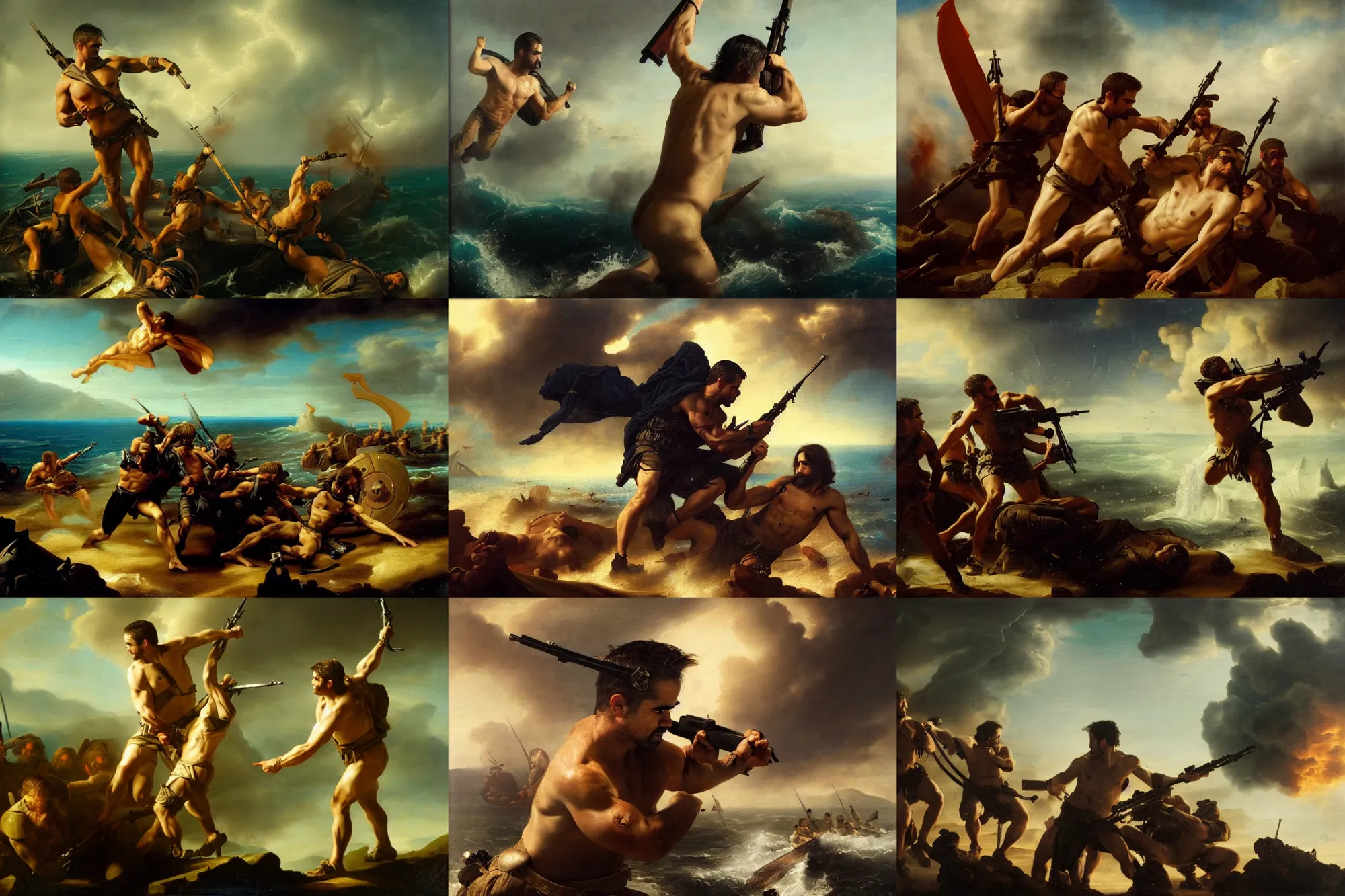 Prompt: colin farrell as a navy seal, in battle, greek mythology, oil reinassance painting by cornelis van poelenburgh and dosso dossi, ultra detailed, concept art, 8 k what