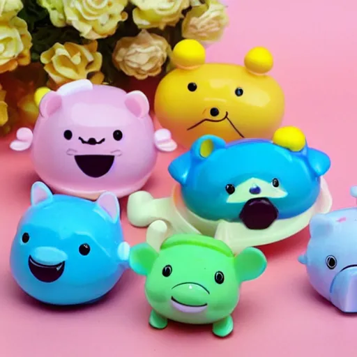 Image similar to some cute plastic toys that look like animal characters washing dishing in the kitchen, pastel colors