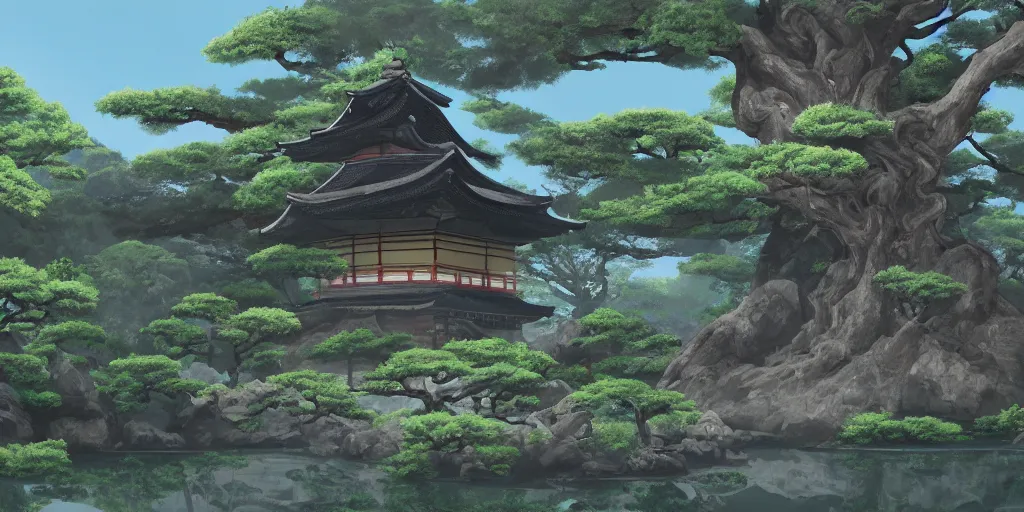 Prompt: digital painting of old japanese landscape with pagoda, curved trees and rocks, detailed, high quality, trending on artstation, 8 k, award winning