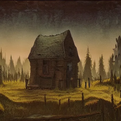 Image similar to the mystery shack from gravity falls, matte painting by kaspar david friedrich,