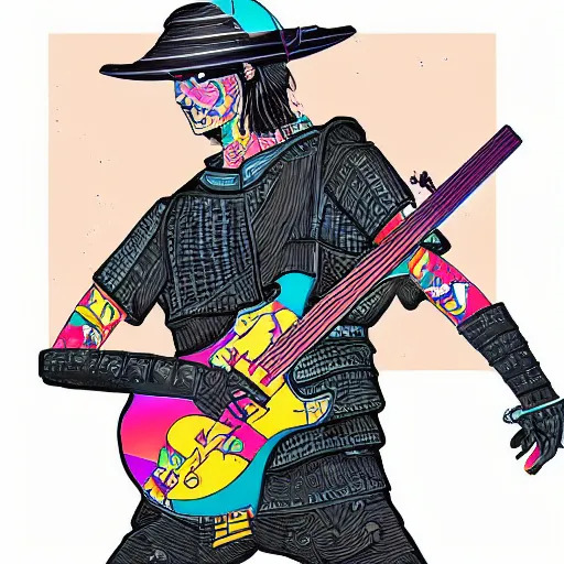 Prompt: samurai guitarist by Josan Gonzalez. Vibrant colors