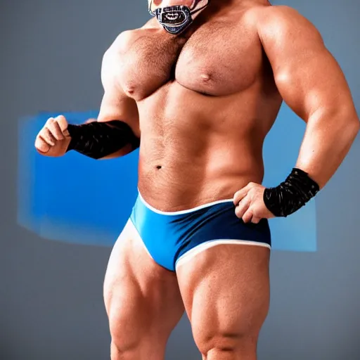 Image similar to muscular wrestler, bald, eyepatch, blue mask covering mouth, realistic,