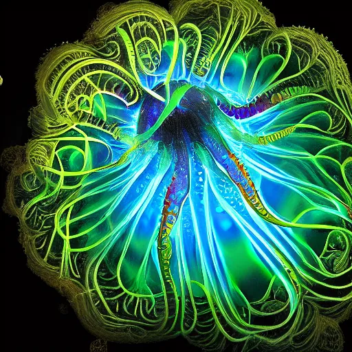 Image similar to strange, hyper detailed, fractal jellyfish, mutant, tendrils, tentacles, glowing, underdater picture, tropical, crystal waters, reef