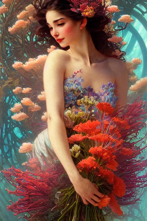 Image similar to portrait of a beautiful mysterious woman holding a bouquet of flowing flowers, hands hidden under the bouquet, underwater filled with coral reef, fantasy, regal, intricate, by stanley artgerm lau, greg rutkowski, thomas kindkade, alphonse mucha, loish, norman rockwell