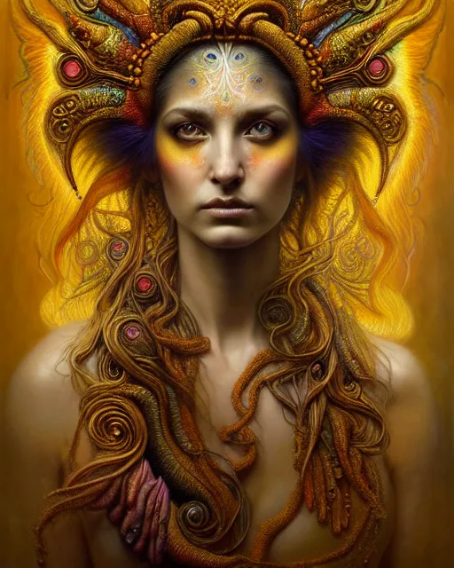 Image similar to portrait of the beautiful young goddess of fauna, unusual beauty, etheric, outworldly colours, emotionally evoking symbolic metaphors, head in focus, fantasy, ornamental, intricate, elegant, highly detailed hyperrealistic painting, artstation, concept art, painterly, golden ratio, sharp focus, illustration, art by tomasz alen kopera,