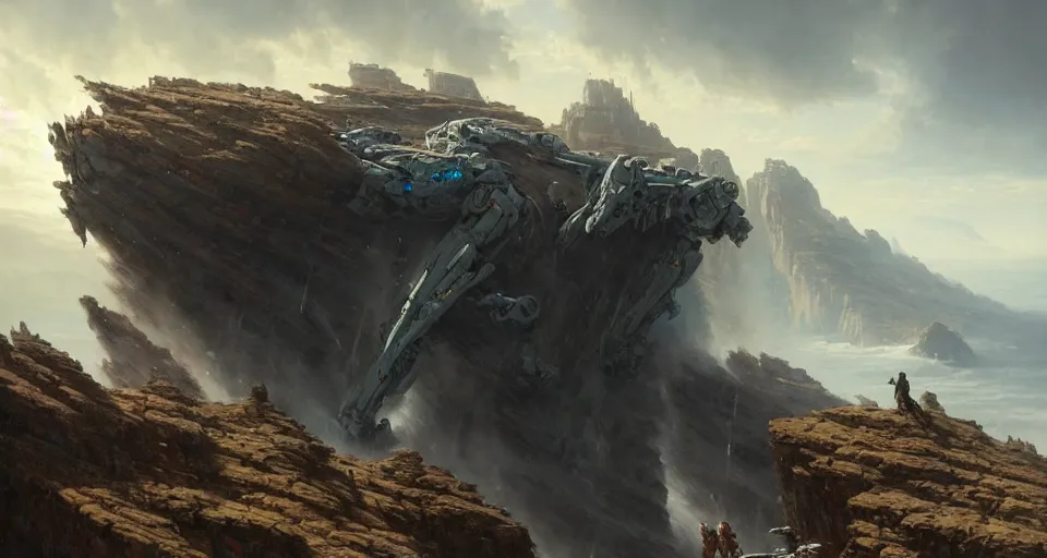 Image similar to hyper realistic sci - fi matte concept art painting of mecha on a cliff overlooking a raging battle, beautiful details, strong composition painted by kim jung guweta studio rutkowski, james gurney and greg rutkowski, and lucasfilm, smooth, intricate, detailed, sharp focus, cinematic