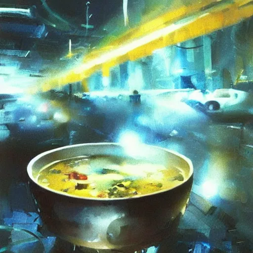 Prompt: a bowl of soup that is portal to another dimension as. in the style of john berkey. trending on artstation and deviantart. digital art.