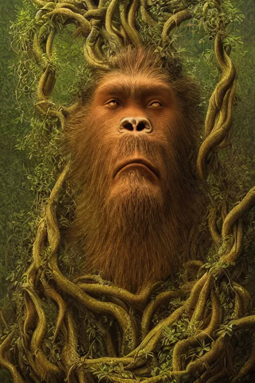 Prompt: intricate stunning highly detailed portrait of bigfoot, 🌱, by agostino arrivabene and vladimir kush, surreal, digital painting, ultra realistic, dramatic lighting, twisted vines, lush plants, pristine water, artstation