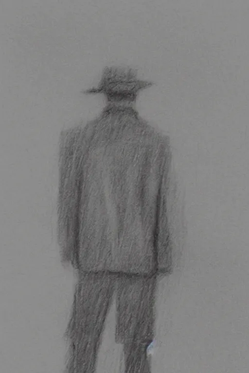 Prompt: a man in a jacket with his back to the camera standing in the rain. pencil sketch.