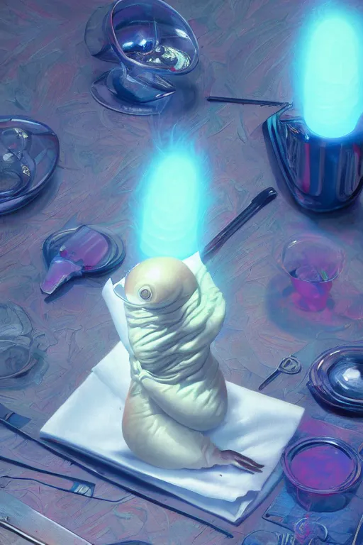 Image similar to slug blessed by the napkin,painted by Hajime Sorayama and Tim White,trending on artstation, rotund lighting top view,macro,Sabattier filter ,vaporwave ,unreal engine,gothic ,