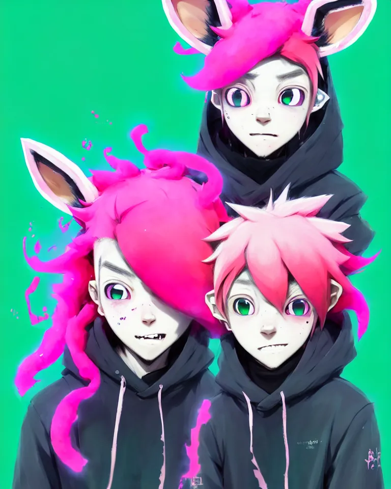 Image similar to a beautiful headshot portrait of a cute anime splatoon male boy with pink hair and pink wolf ears wearing a hoodie. piercings. green eyes. character design by cory loftis, fenghua zhong, ryohei hase, ismail inceoglu and ruan jia. artstation, volumetric light, detailed, photorealistic, fantasy, rendered in octane