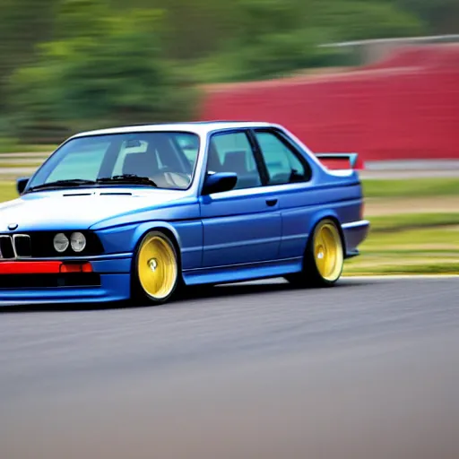 Prompt: a rolling shot of a modified bmw e 3 0 with lights on, on a street race track, motion blur, 3 0 0 mm photography, car photography, clean lines, realistic