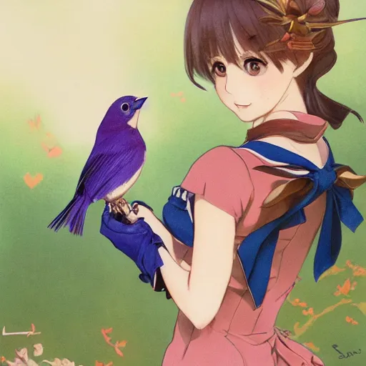 Image similar to colored pencil, anime art, beautiful full body female pinup girl, she is holding an indigo bunting bird, in her hand, the bird is wearing a bowtie, wlop, rossdraws sakimimichan, ilya kuvshinov, krenz cushart, greg rutkowski