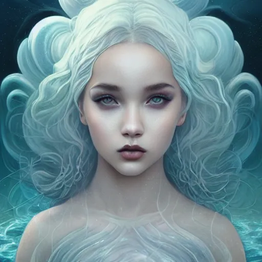 Image similar to tom bagshaw, ocean depths waves in lovecraftian world, beautiful asian mix of dove cameron madison beer bella poarch in a full dress, gothic makeup, professionally retouched, focus eyes, ultra realistic soft painting, insanely detailed linework, symmetrical accurate intricate features, behance, 8 k