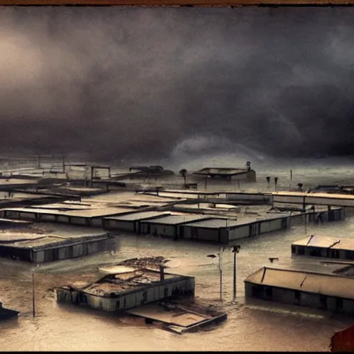 Prompt: a beautiful post - apocalyptic matte - painting of a large warehouse full of hosepipe. flooded. waves. hot sun outside.