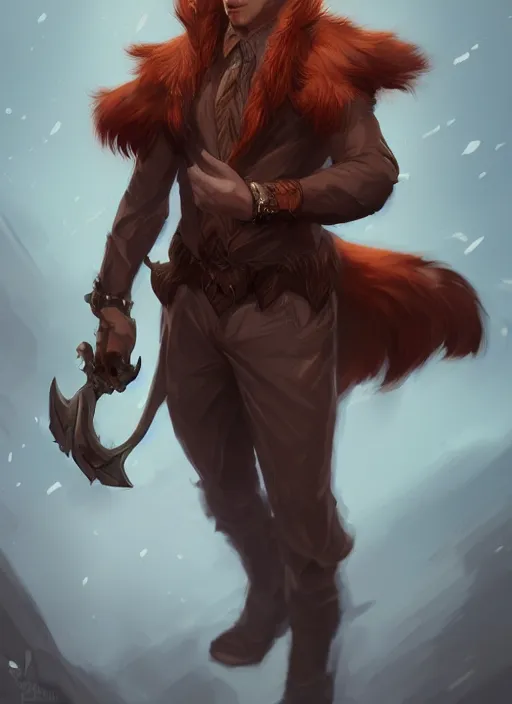 Image similar to a highly detailed illustration of attractive young red haired man with fox ears wearing brown suit, dramatic pose, intricate, elegant, highly detailed, centered, digital painting, artstation, concept art, smooth, sharp focus, league of legends concept art, wlop