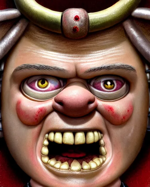 Prompt: highly detailed closeup, face profile portrait of a tin toy matt damon as a medieval demon with horns eating cakes in a castle, hyper realistic, artstation, illustration, nicoletta ceccoli, mark ryden, lostfish, dan decarlo, bob clampett, max fleischer, digital paint, matte paint, vivid colors, detailed and intricate environment