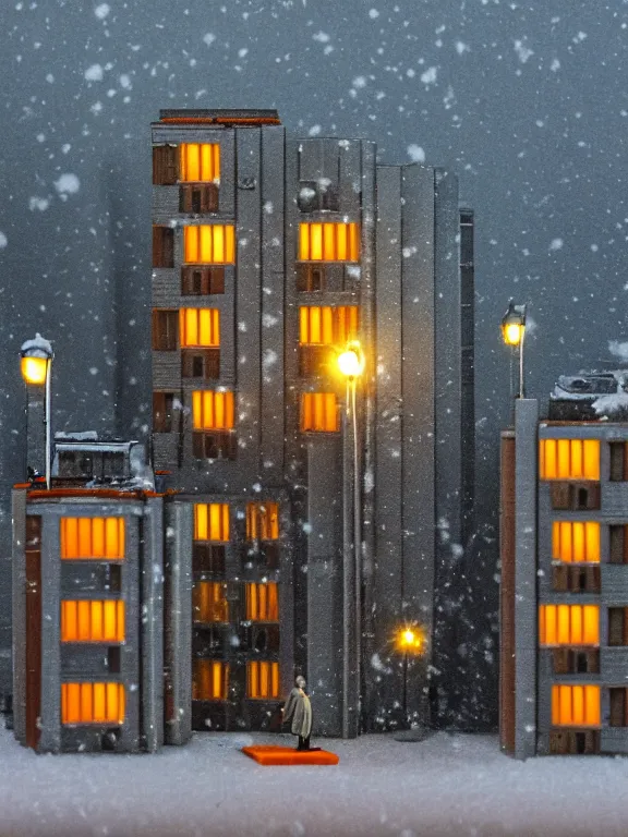 Image similar to mega detailed miniature diorama a soviet residential building, brutalism architecture, suburban, warm lights are on in the windows, man lies in the snow, dark night, fog, winter, blizzard, cozy and peaceful atmosphere, row of street lamps with warm orange light, several birches nearby, 1 9 9 0
