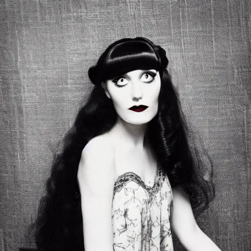 Prompt: young woman, morticia addams, long black hair, short, flapper, vintage, creepy, beautiful, macabre
