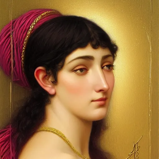 Prompt: beautiful golden portrait of Liv Sage, Grand Odalisque intricate oil painting by John William Godward and Anna Dittman by J-H 768-C2.0