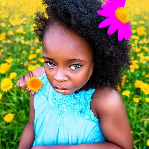 Prompt: young black girl with pink dress and blue eyes with a daisy in her hair