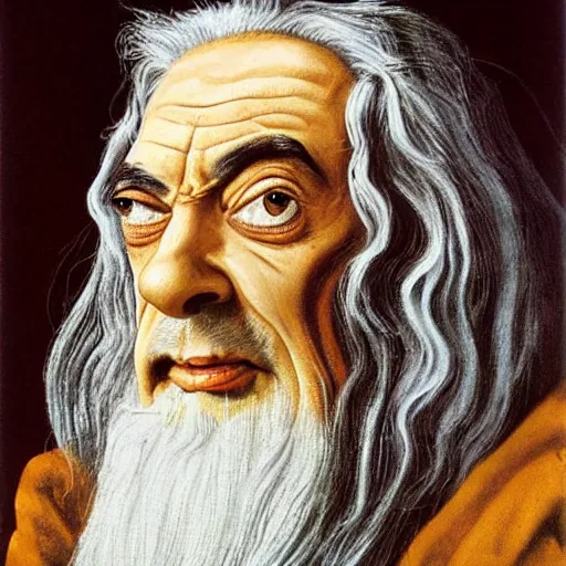 Prompt: A portrait of Mr. bean depicted as Gandalf, renaissance oil painting by Salvador Dali