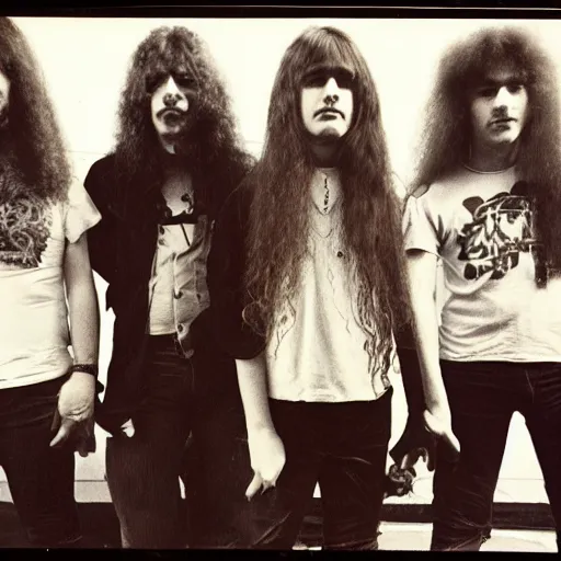 Prompt: Group of 19-year-old girls, permed hair, thick hair, heaviest metal band of 1970s, proto-metal, promo photo, band promo, 1971 16mm photograph