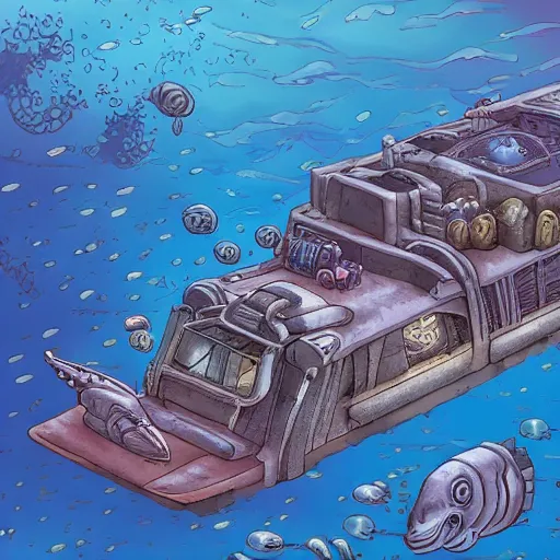 Prompt: an underwater city with submarine transporting people