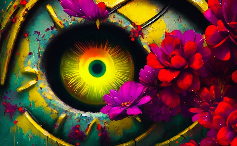 Prompt: close up of a beautiful flower with robot eyes in the middle maximalist bold colors by Greg rutkowski