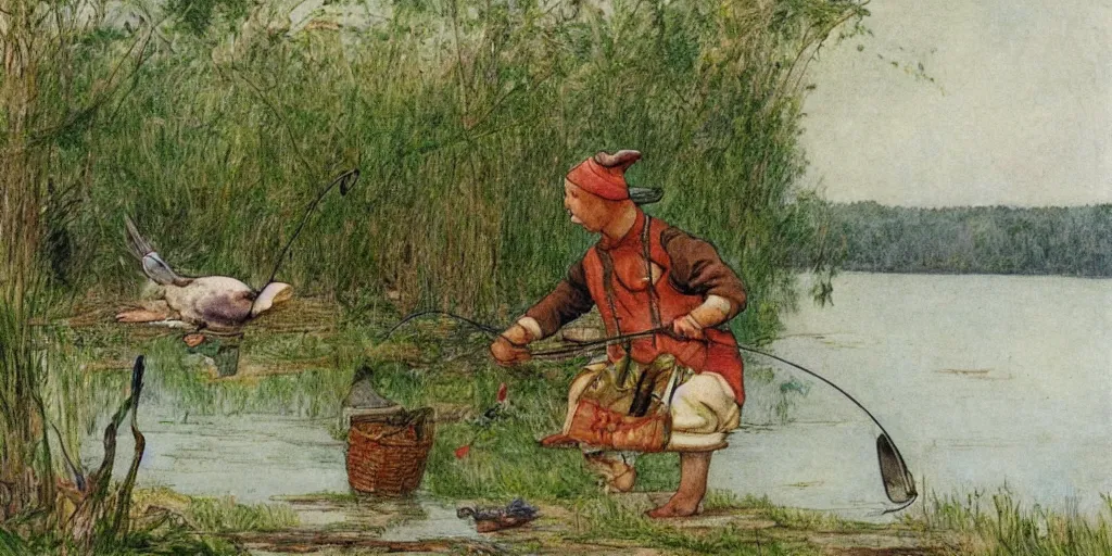 Image similar to a rabbit fishing by a calm lake, in the style of carl larsson