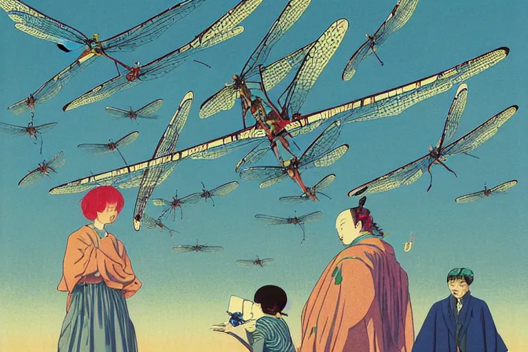 Prompt: gigantic dragonflies with human faces catch tiny planes, a lot of exotic mechas robots around, human heads are all over the ground, risograph by kawase hasui, dirtyrobot, edward hopper, satoshi kon and moebius, colorful flat surreal design, super - detailed, a lot of tiny details, fullshot