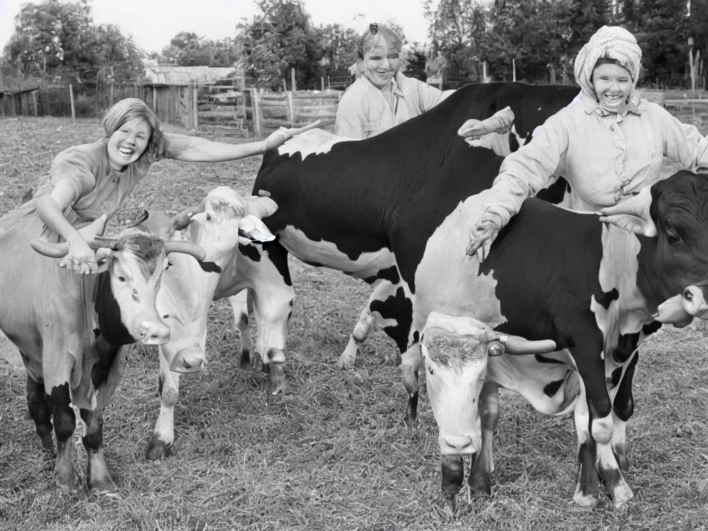 Prompt: happy finnish girl milking a cow and smiling to the camera, 1 9 6 6, home album pocket camera photo, detailed facial features, hyper realistic