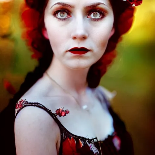 Image similar to A beautiful portrait of a lady vampire, victorian, photography, 35mm, depth of field, bokeh, soft light, cinematic, steve mccurry