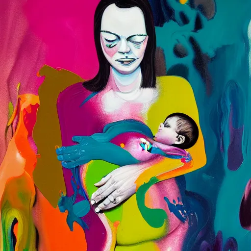 Image similar to woman holding a baby, an ultrafine detailed painting by peter max and francis bacon and fiona rae and hernan bas and anna mond, featured on deviantart, metaphysical painting, pop surrealism, melting paint, biomorphic, mixed media, photorealistic, dripping paint, palette knife texture, masterpiece