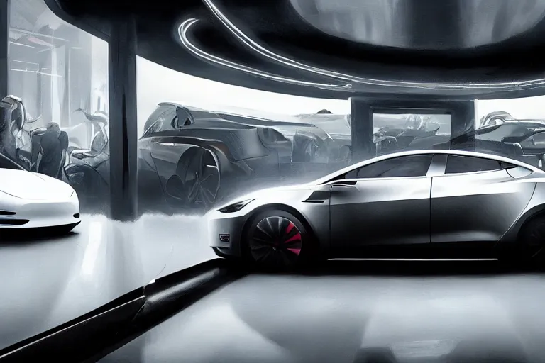 Image similar to a 2 8 mm closeup photo of a tesla car in show room with a reflective floor, hyper detailed, smooth, high contrast, volumetric lighting, octane, greg rutkowski, ripley scott, artgerm, craig mullins, cinematic