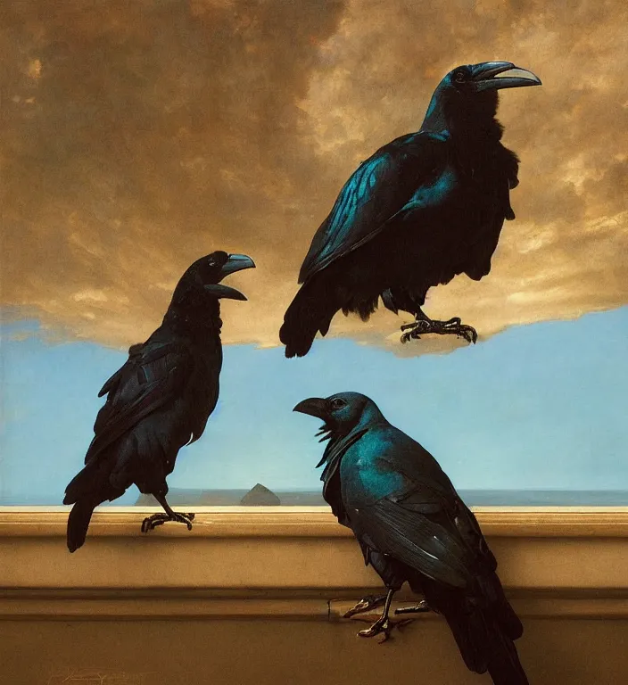 Image similar to a beautifully weird funny cheeky photoreal clear detailed victorian portrait of a close up raven on a victorian windowsill with an ornate velvet dark teal curtain at beautiful sunset daytime nature sunlit painting by frederic leighton and turner and morris and rosetti, 8 k, octane render