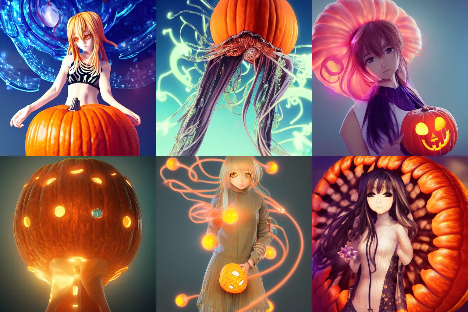 Prompt: intricate anime girl wearing a pumpkin artwork jellyfish bio-mechanical bio-luminescence, octane render, trending on artstation, hyper realism, 8k, fractals, patterns