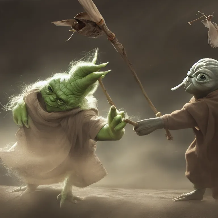 Image similar to Yoda smacking a seagull with a stick, hyperdetailed, artstation, cgsociety, 8k