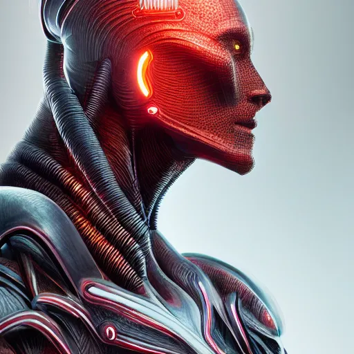 Prompt: sophisticated portrait of glowing, warm, sharp edges, sleek contours, textured, reddish, atmospheric, misty, leds, futuristic cybernetic warrior alien in profile, highly intricate, detailed humanoid, trending on artstation